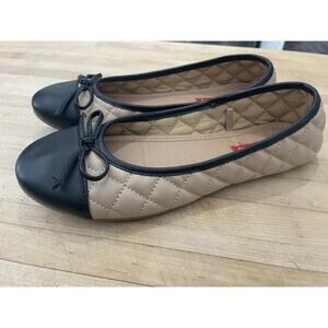 Union Bay Quilted Tan Ballet Flats Black Toe With Tie Bow 8